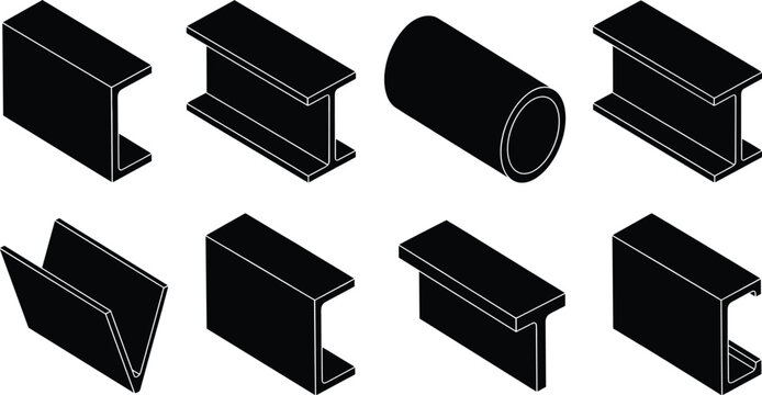 Set of structural steel profile icons featuring isometric silhouettes of I-beams H-beams metal pipes C-channels T-bars and U-channels for industrial construction engineering