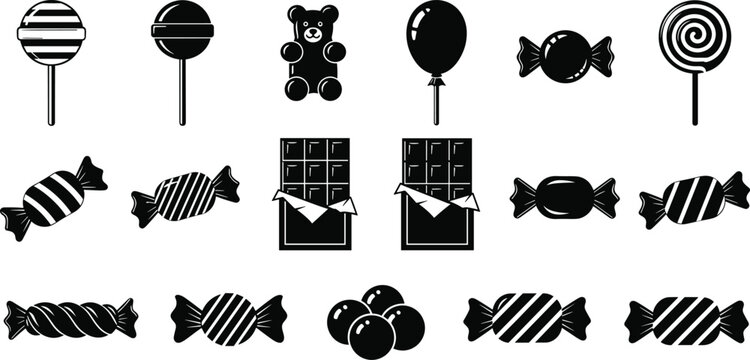 Set of sweet candy silhouettes including lollipops, gummy bears, chocolate bars, wrapped toffees and sugar balls on white background isolated