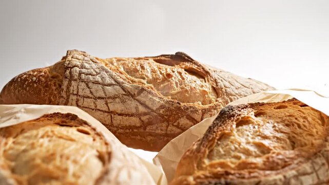 This features a close-up shot of several loaves of bread arranged on a white surface. The bread is freshly baked and has a golden-brown crust with a soft interior. The loaves are wrapped in paper and