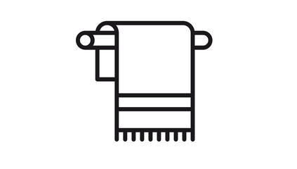 Minimalist black vector icon illustration of a towel hanging on a bathroom rack or towel rail, representing hygiene, cleanliness, spa, hotel amenities, and household bathroom accessories. © Zunaira