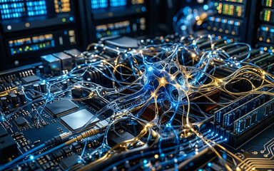 Fototapeta premium Neural network visualization glowing over circuit board and server hardware in data center environment