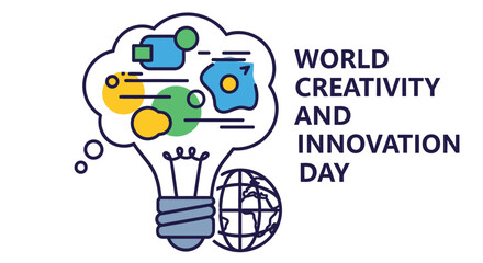 A lightbulb shaped thought bubble with shapes and a globe representing world creativity day © Saidul_Studio1984