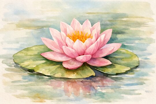 Pink water lily on green leafy pond watercolor painting green lily pad yellow stamens