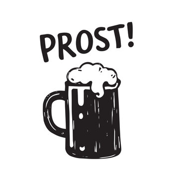 Beer Mug Hand Drawn Vector Oktoberfest Prost German Drink Illustration Vintage Style Stamp