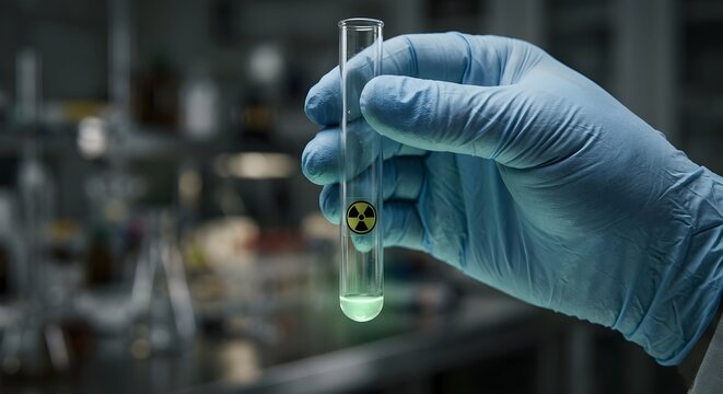 Scientist holding radioactive test tube with glowing green liquid in laboratory