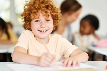 Fototapeta premium Red haired boy drawing while sitting at classroom table