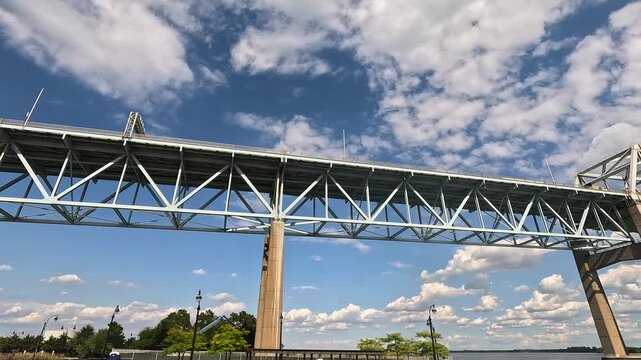 Footage of the Commodore Barry Bridge in the skyline at Subaru Park in Chester Pennsylvania USA