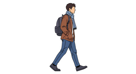Fototapeta premium Young male student wearing a warm jacket and a blue scarf walking with a heavy black backpack