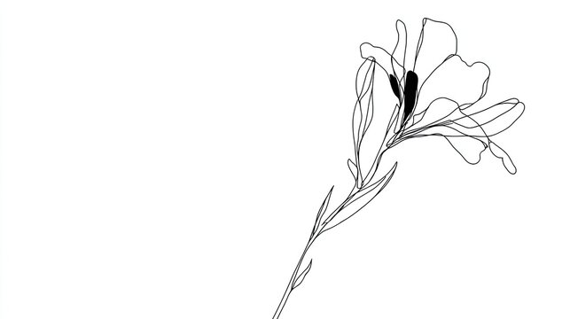 Simple continuous line drawing depicts a stylized bloom with a slender stem against a stark white background.