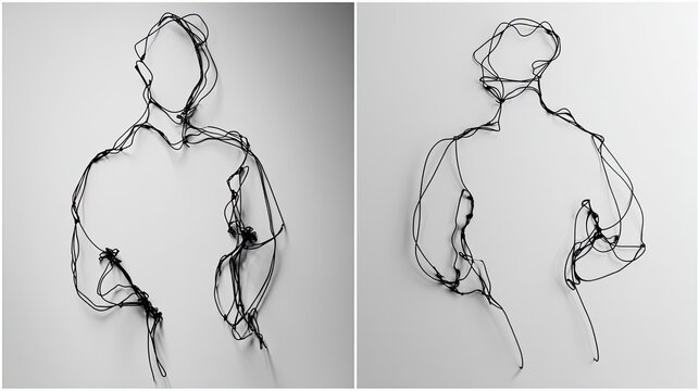 Abstract sculptural representation of human form created from dark malleable material.