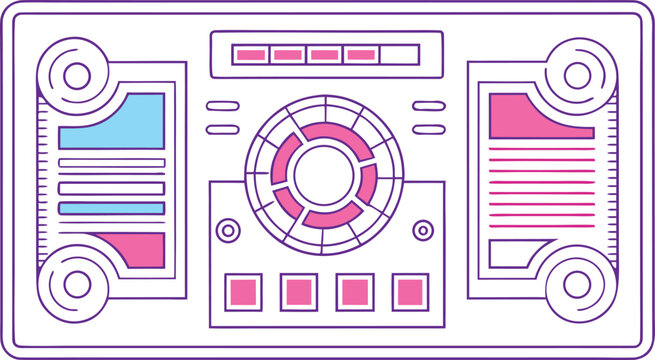 Futuristic control interface with central circular gauge and side data panels in purple and pink