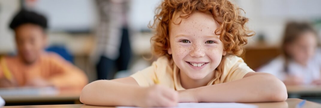 Red haired boy leaning on desk in elementary classroom
