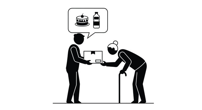 Young person provides essential goods and care package assistance to an elderly woman in need.