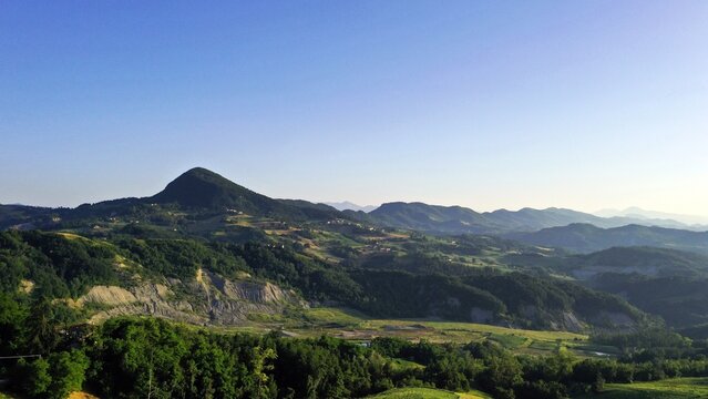 Panorama of Valestra mount and the mountains of the Emilia hills seen from Baiso, Reggio Emilia, Emilia Romagna, Italy