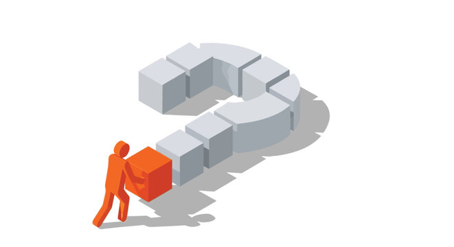 An orange isometric figure pushes a final block to complete a gray question mark puzzle, representing problem-solving or inquiry.