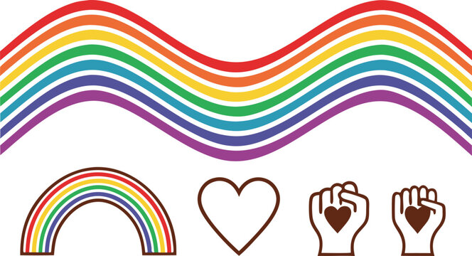 Rainbow wave pattern with heart and human hands holding hearts for pride and unity