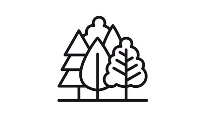 Fototapeta premium Minimalist black line vector icon of a forest featuring various tree types like pine and deciduous trees, ideal for nature, ecology, and environmental conservation graphic design projects.