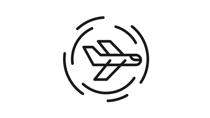 Minimalist black line art vector icon of an airplane in flight with circular motion lines, symbolizing aviation, air travel, transport, global logistics, and flight paths, isolated illustration. © Ahsan