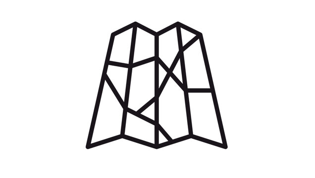 Black vector icon of a folded paper map with street grid lines, minimalist line art illustration for navigation, travel, and location tracking, scalable graphic symbol for web and app design.