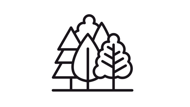 Minimalist black line vector icon of a forest featuring various tree types like pine and deciduous trees, ideal for nature, ecology, and environmental conservation graphic design projects.