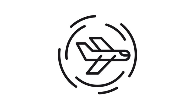 Minimalist black line art vector icon of an airplane in flight with circular motion lines, symbolizing aviation, air travel, transport, global logistics, and flight paths, isolated illustration.