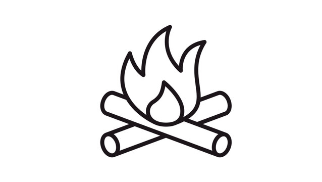 Black line vector icon of a campfire with burning logs and flames, minimalist outdoor camping symbol illustration for web design, apps, and graphic resources, scalable silhouette design.