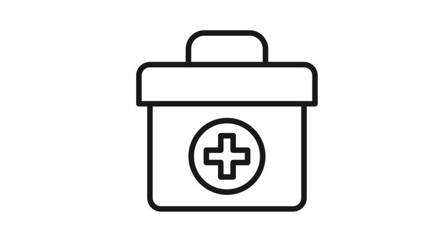 Black line art vector icon of a first aid kit or medical bag featuring a cross symbol, minimalist emergency healthcare equipment illustration for medical, health, and safety design projects.