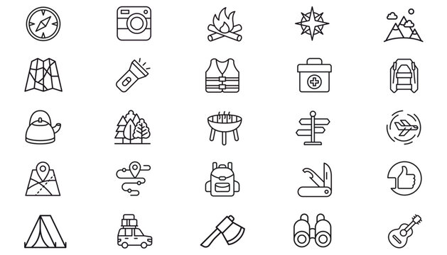 25 Black Vector Icon Set Collection of Minimalist Line Symbols for Travel, Camping, Outdoor Adventure, and Navigation. Includes Tent, Map, Compass, Camera, Backpack, Campfire, BBQ, and Hiking Gear.