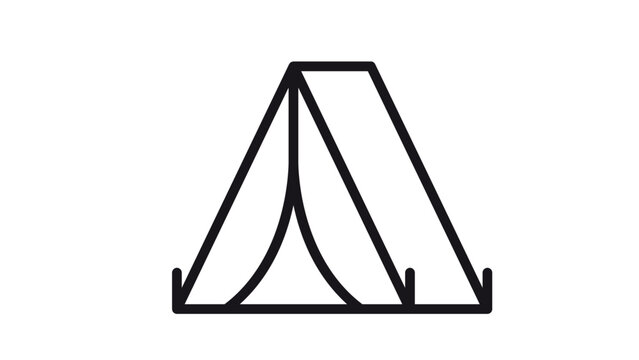 Minimalist black line art vector icon of a camping tent, symbolic illustration for outdoor adventure, hiking, travel, and wilderness shelter, scalable graphic isolated on white background.