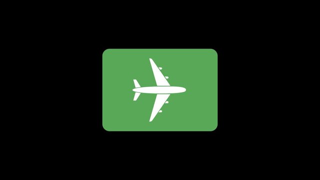 White, airplane, icon, in, green, rounded, rectangle, animation, on, black, background, perfect, for, flight, travel, tourism, transport, and, aviation, video, projects.
