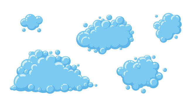 Five clusters of vibrant light blue cartoon soap bubbles with glistening white highlights float gracefully across a pristine and minimalist white background.