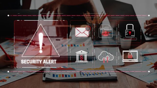 A business team engages in a strategic discussion in a modern office, with a digital security alert highlighting essential cybersecurity concerns and icons representing various threats. Raster