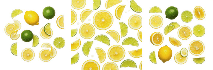 Fototapeta premium Fresh Lemon and Lime Slices and Whole Citrus Fruit Composition Set
