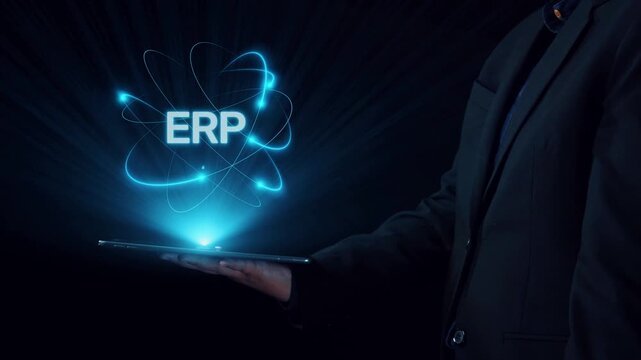 ERP platform visual showing centralized system for enterprise resource planning, improving integration, data flow, business efficiency, finance, inventory, and human resources. Elide