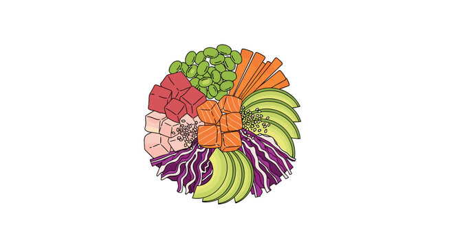 A vibrant poke bowl illustration displays a nutritious mix of salmon cubes, tuna, green edamame, sliced avocado, orange carrots, and shredded purple cabbage.