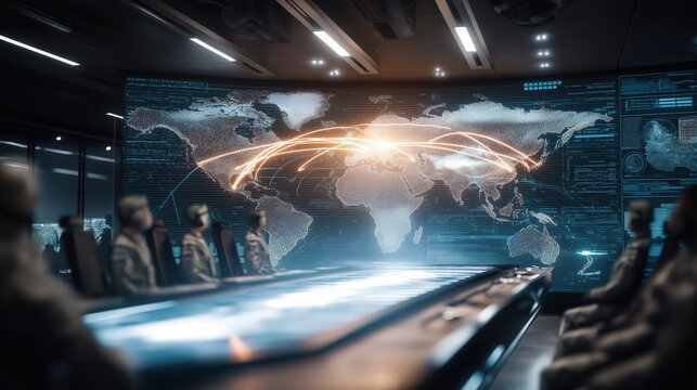 Futuristic military command center with holographic world map, satellite targeting system and missile trajectory visualization.