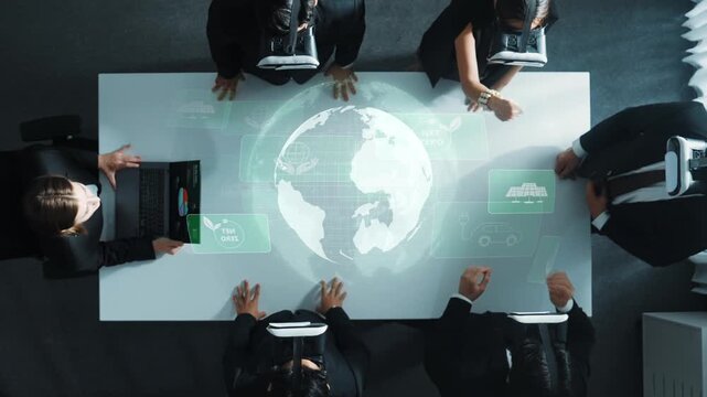 A dynamic business meeting focusing on sustainability, showcasing a group of professionals using technology to discuss global initiatives and future strategies. Raster