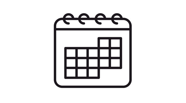 Minimalist black line art vector illustration of a spiral-bound calendar icon, symbolizing scheduling, time management, planning, dates, and organization, isolated on a white background.