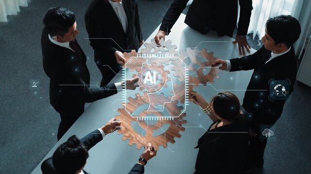 A diverse team collaborates on business strategies in a modern office setting, utilizing AI technology, gears, and innovative ideas to drive productivity and efficiency. Raster