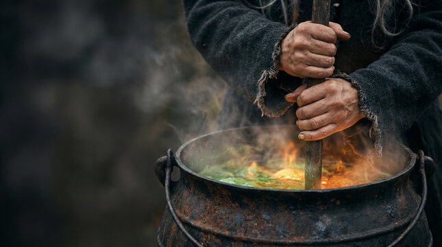 Witch stirring a cauldron with smoke and colorful contents  