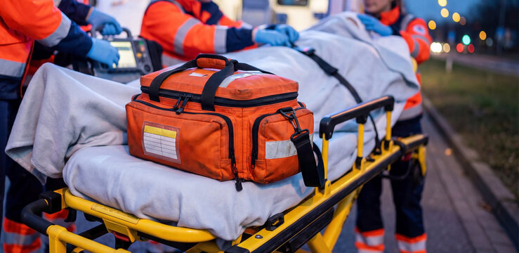 Paramedics transporting a covered patient on a stretcher with emergency medical equipment.