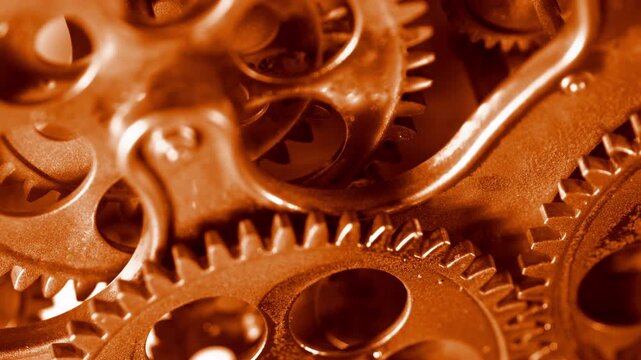 Detailed view of warm copper-toned gears. Ideal for concepts of industrial energy, creative engineering, and mechanical systems.