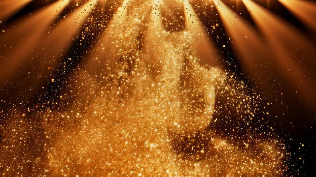 Golden dust particles rise and scatter in bright beams of light. Dark background enhances shimmering effect. Concept of celebration, event planning, entertainment