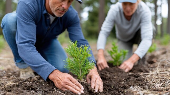 Two individuals planting young pine saplings in rich soil during Arbor Day celebration, surrounded by lush green forest and natural scenery