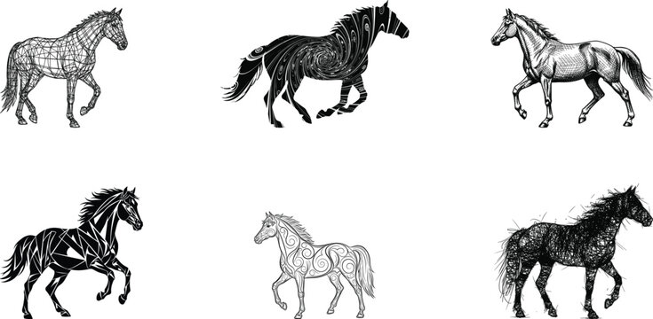Horse silhouette collection with engraved, geometric, ornamental and artistic styles, running stallions vector illustration set isolated on white background