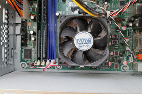 Computer parts. Motherboard, fans and circuits. Electric components.