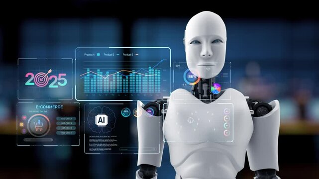 A futuristic robot interacts with digital e-commerce data, showcasing advanced technology and AI capabilities for future projections in business strategies and analytics. Synapse
