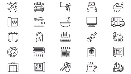 25 Minimalist Black Line Vector Icon Set Bundle for Hotel Amenities, Travel, Business, and Finance. Includes Airplane, Bed, Suitcase, Wallet, Safe, Coffee, and Household Appliances Icons. © Azan