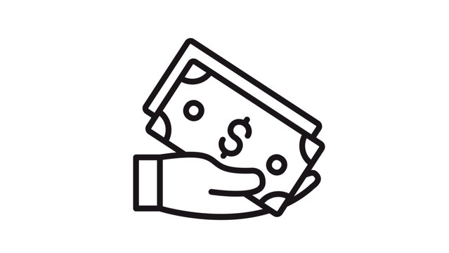 Black and white vector icon illustration of a human hand holding a stack of dollar bills, representing cash payment, financial transaction, salary, wealth, and business economy concepts.