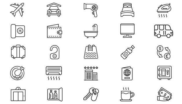 25 Minimalist Black Line Vector Icon Set Bundle for Hotel Amenities, Travel, Business, and Finance. Includes Airplane, Bed, Suitcase, Wallet, Safe, Coffee, and Household Appliances Icons.